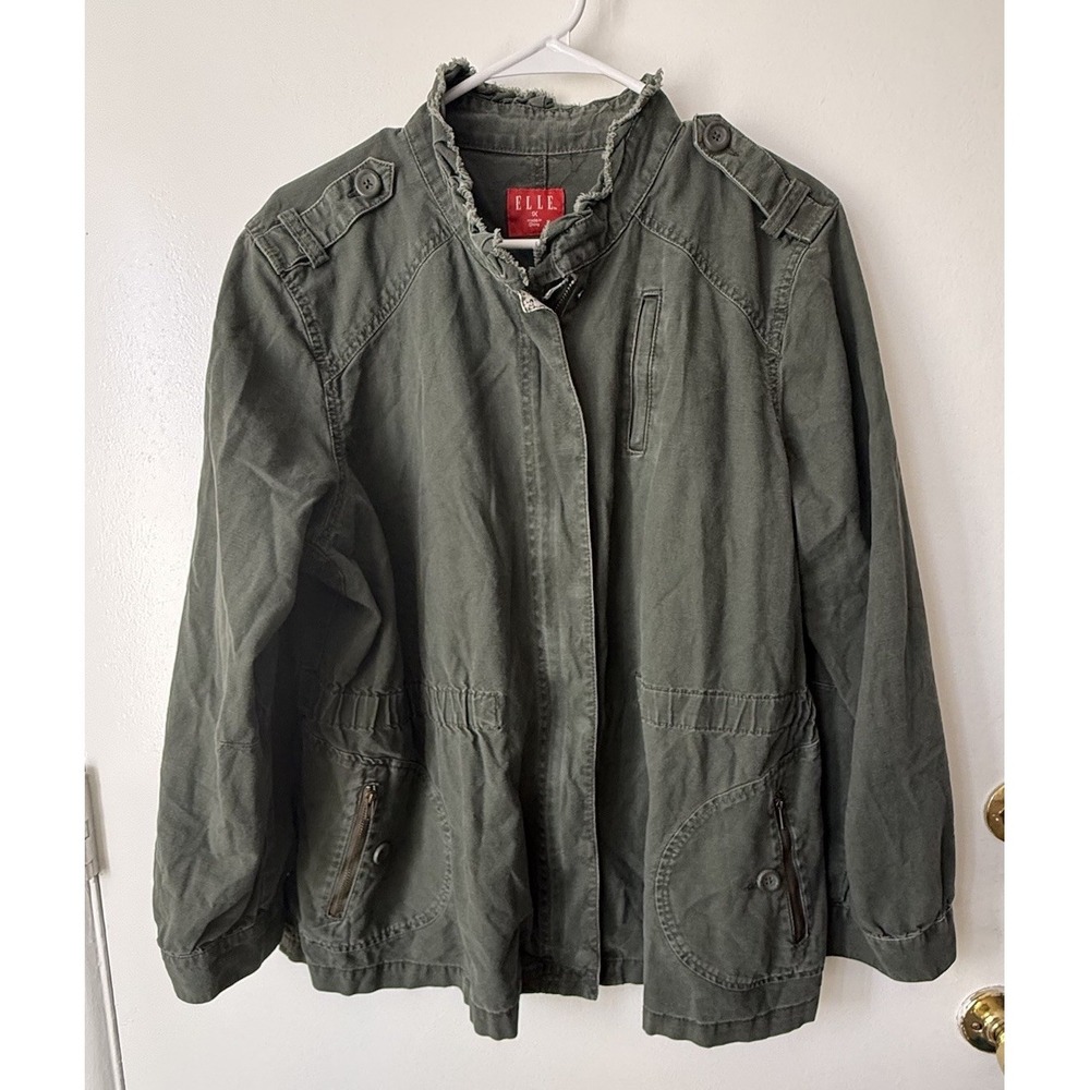 ELLE Jacket 1X‎ Olive Military Utility Cotton Cargo Plus Size Grunge Streetwear